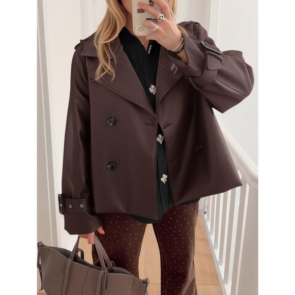 Womens  Dark Brown Faux Leather Jacket | Button Down Moto Coat | Trendy Fall - Picture 5 of 6